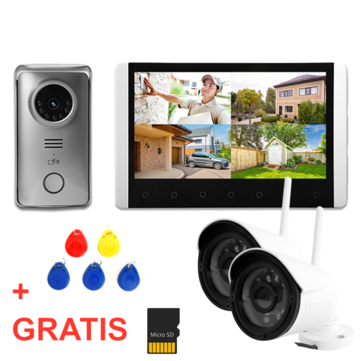 DS4852 | deurbel met camera, draadloos + 7" scherm + RFID chips + 2 x bewakingscamera